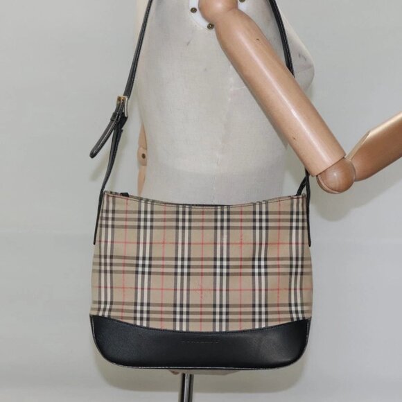 BURBERRY Nova Check Shoulder Bag Canvas Beige Gold Auth - Picture 1 of 16